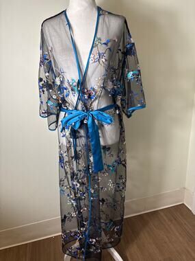 Rya Collection Black Blue Embroidered Sheer Robe Sz XS/S